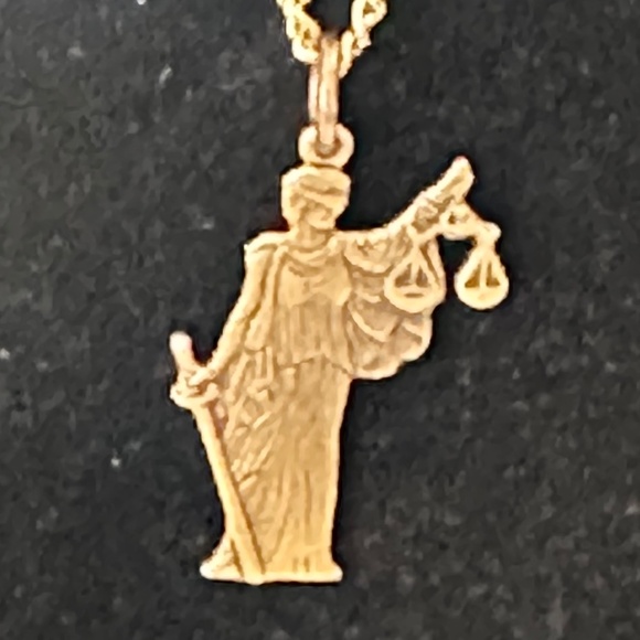 2/$20 Lady Justice, gold tone pendant & chain. 18” long. Lobster clasp. - Picture 2 of 14
